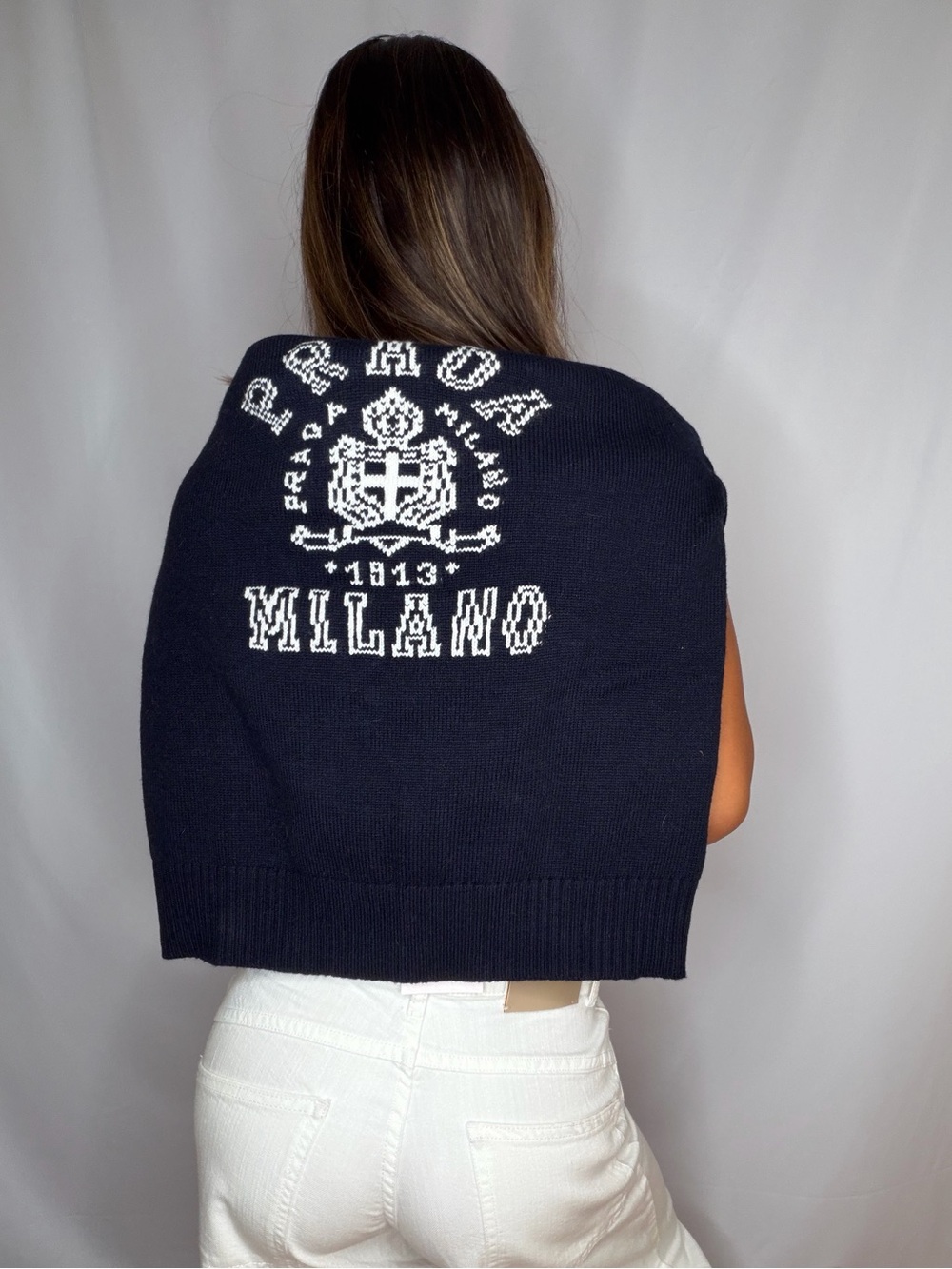 Prada wool Navy Crewneck Sweater with White Milano Emblem
